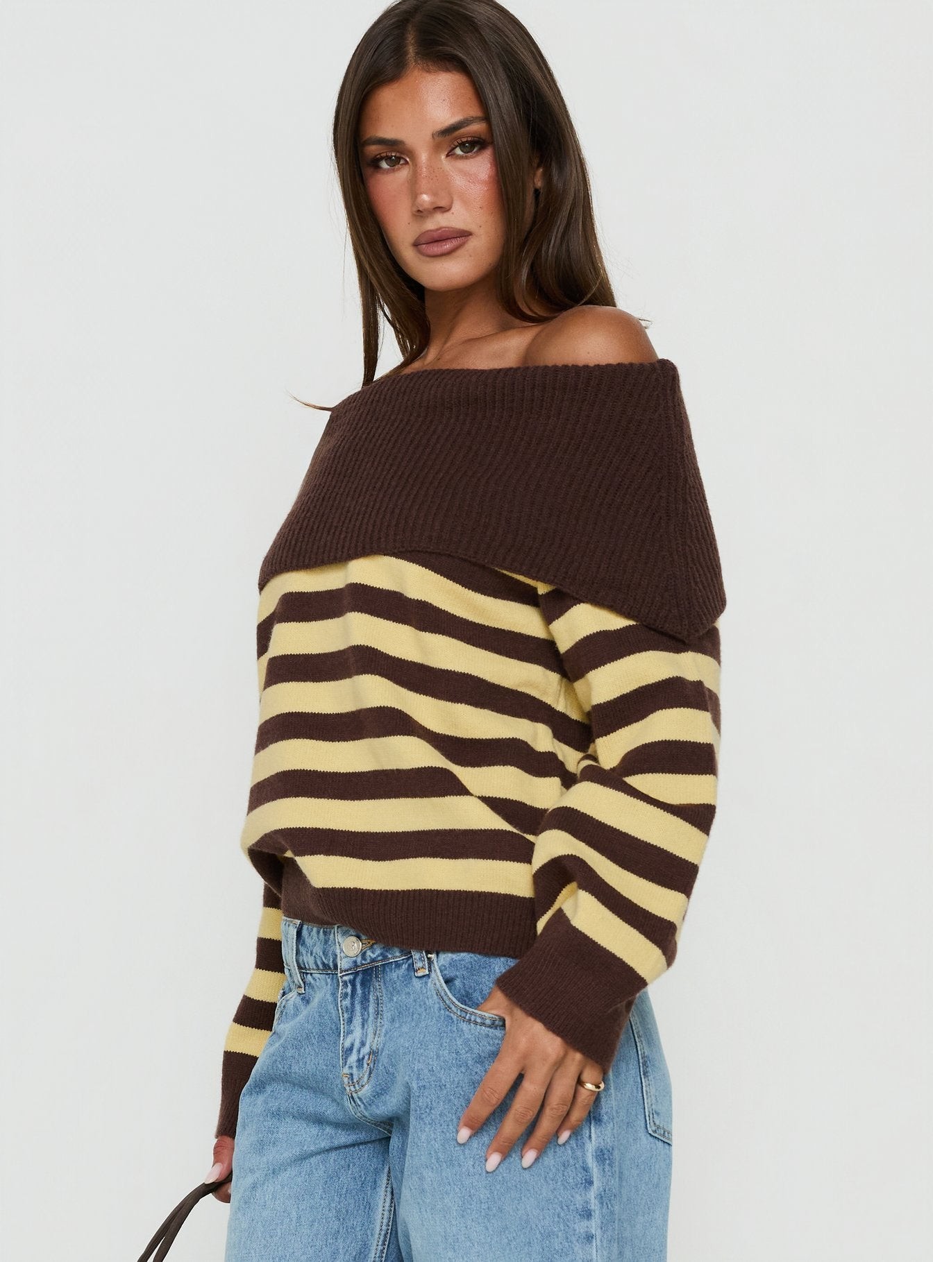 Next Page Foldover Long Sleeve Knit Jumper Brown / Yellow Stripe view 3