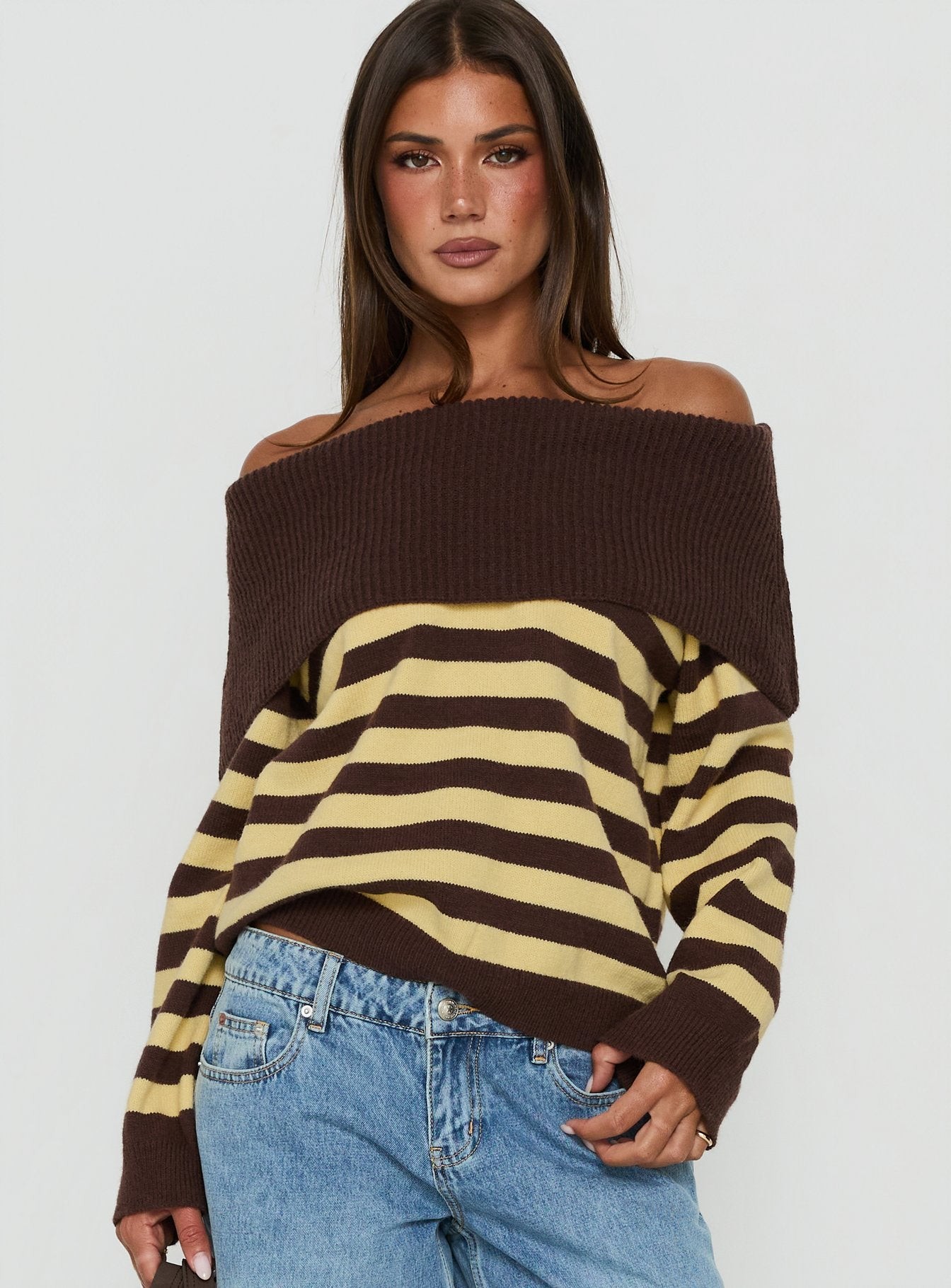 Next Page Foldover Long Sleeve Knit Jumper Brown / Yellow Stripe