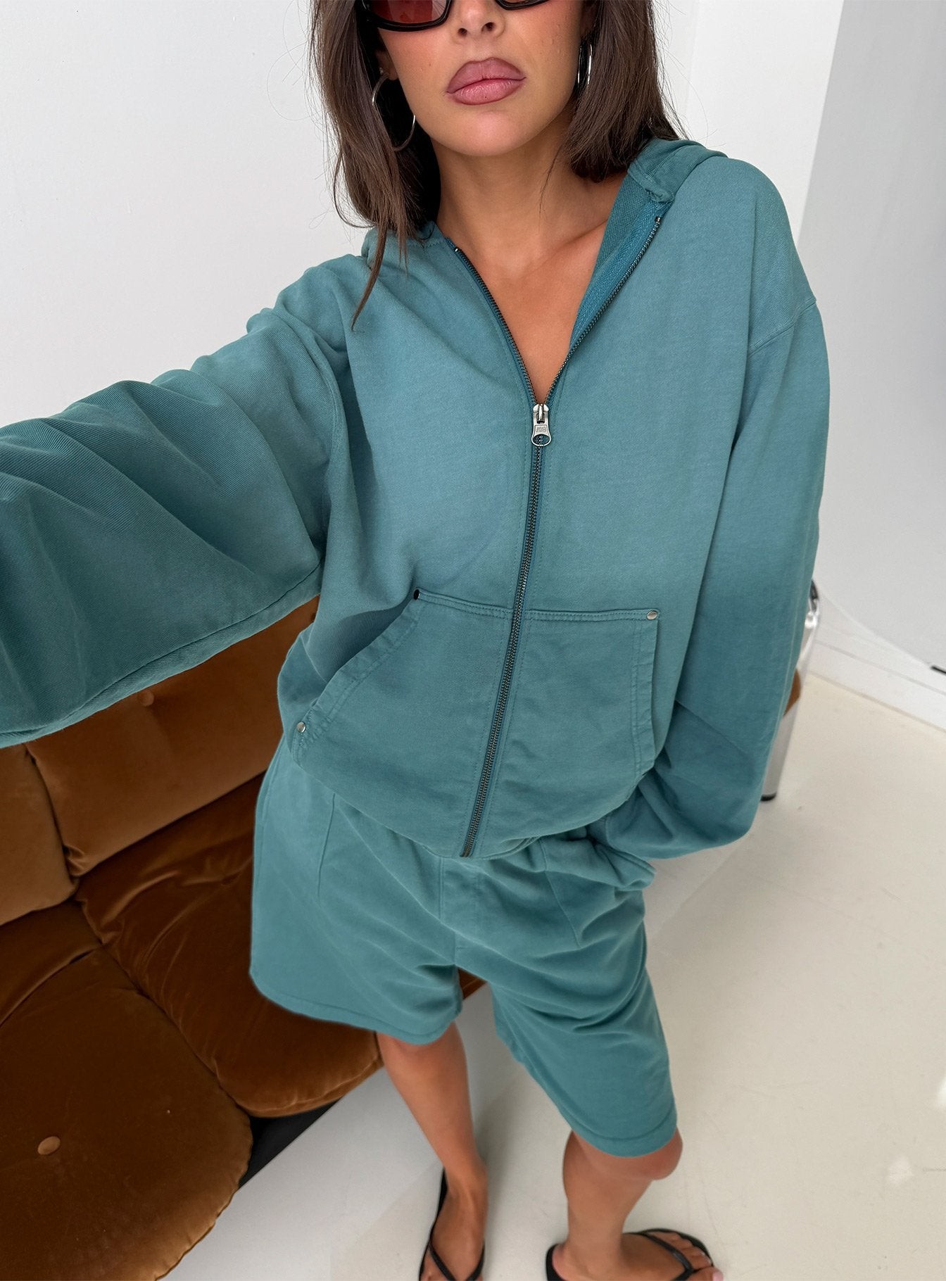 American Thrift Zip Through Oversized Hoodie Washed Teal