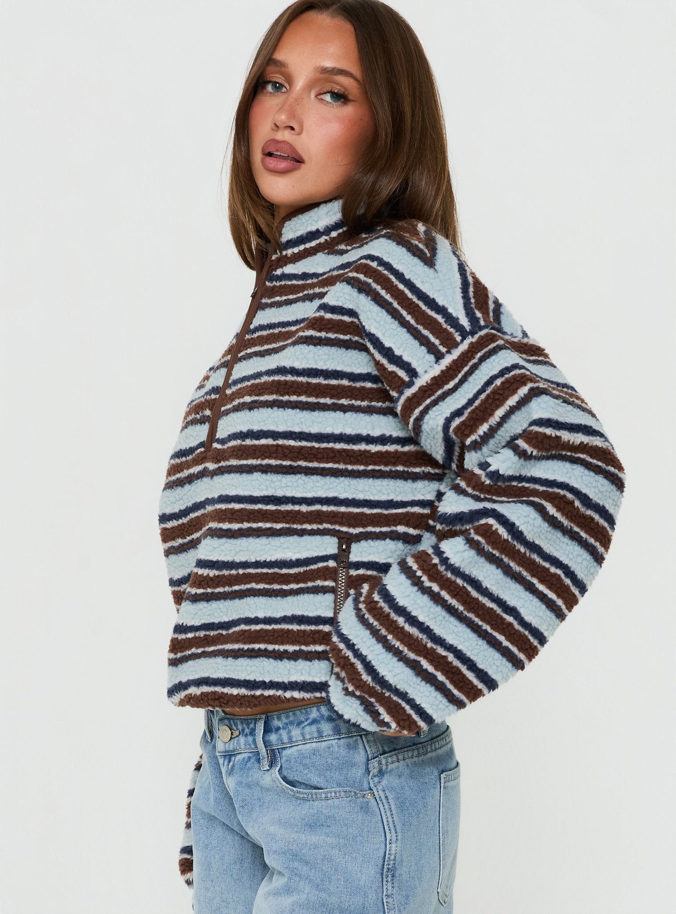 Quinee Polar Fleece Jumper Brown / Blue Multi view 4