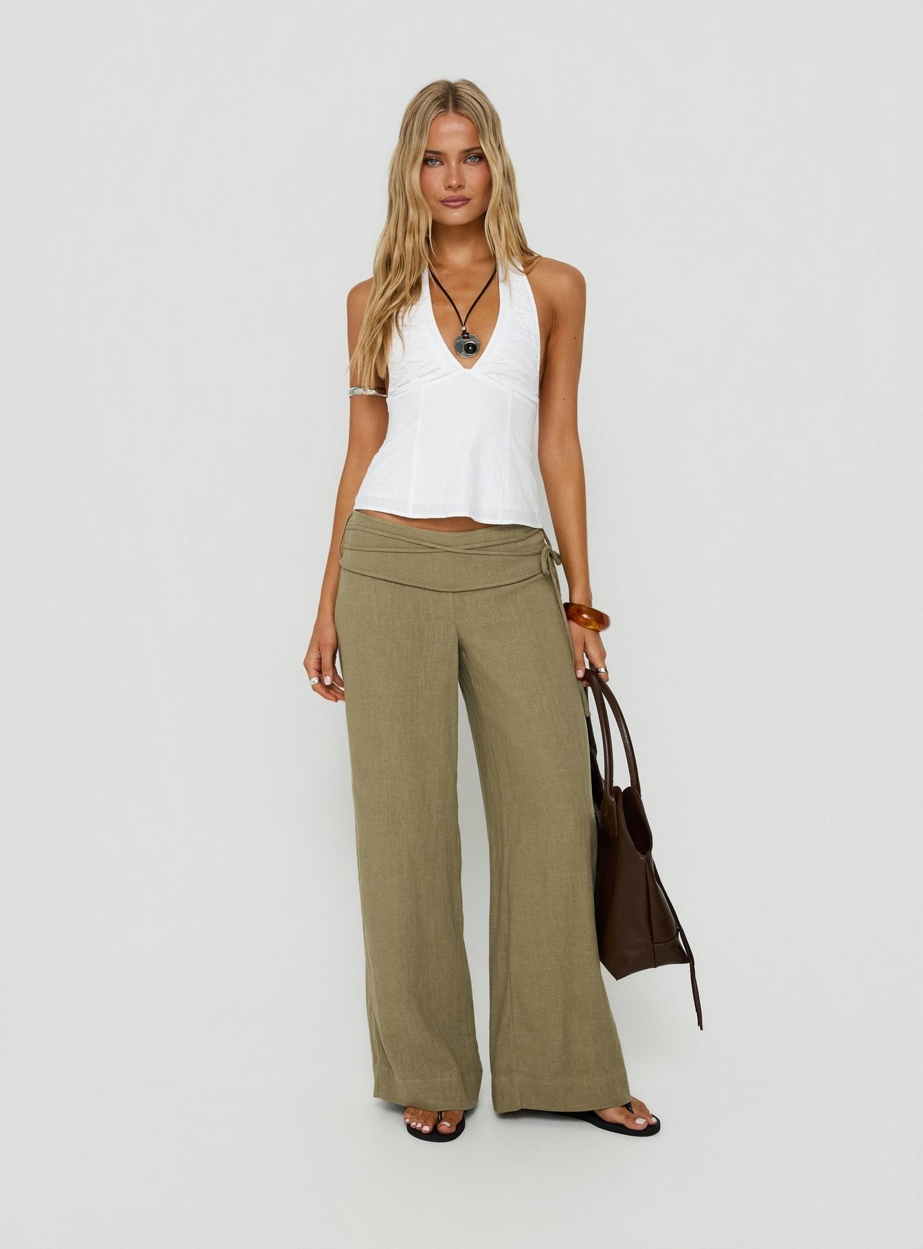 Silver Moon Linen Blend Tie Pants Olive Green view 3