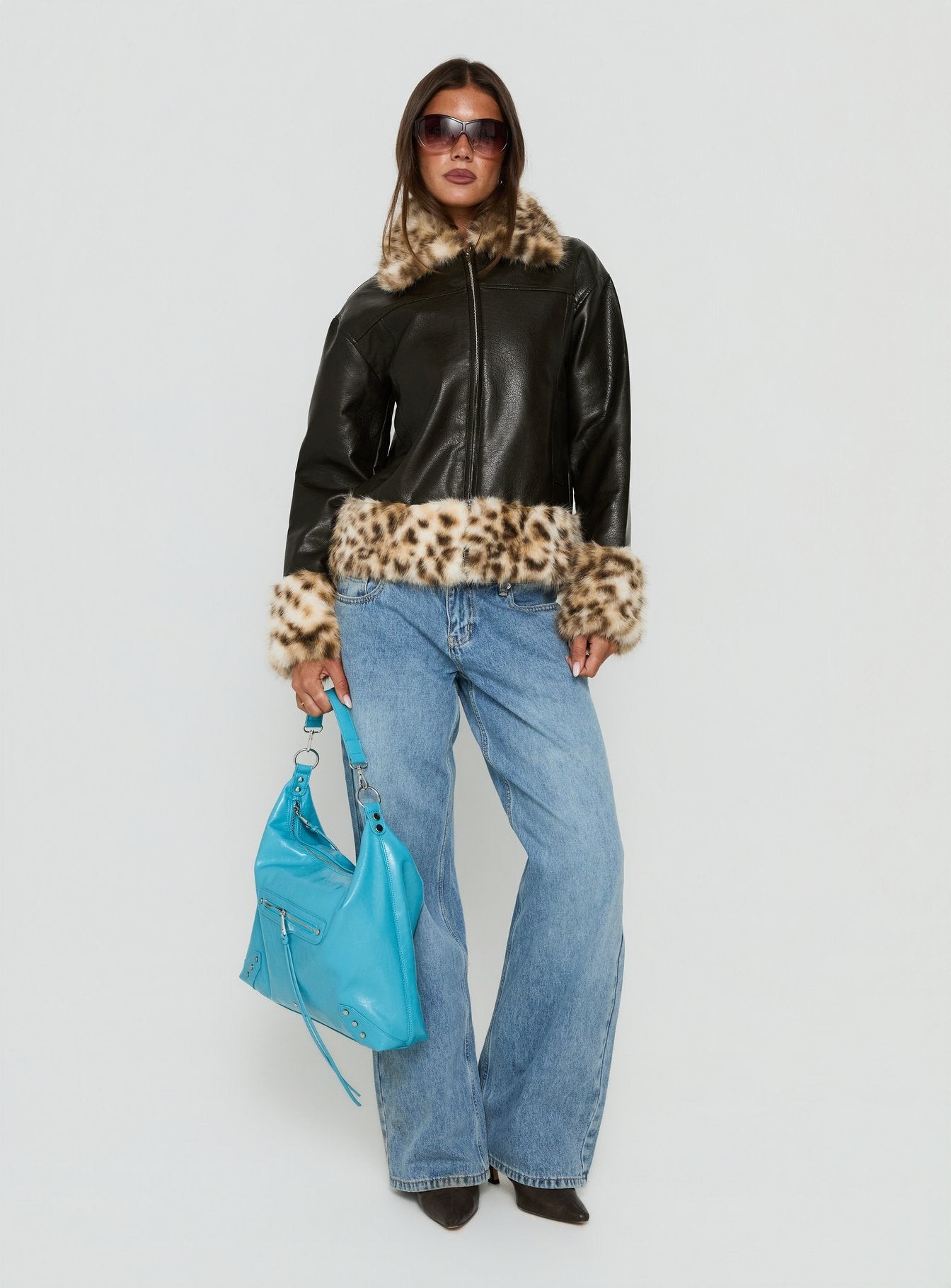 Stevvie Faux Fur Collared Jacket Black / Leopard view 3